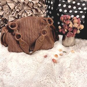 Cole Haan Tan Cognac Brown Neutral Woven Leather Hobo Shoulder Bag Boho Purse